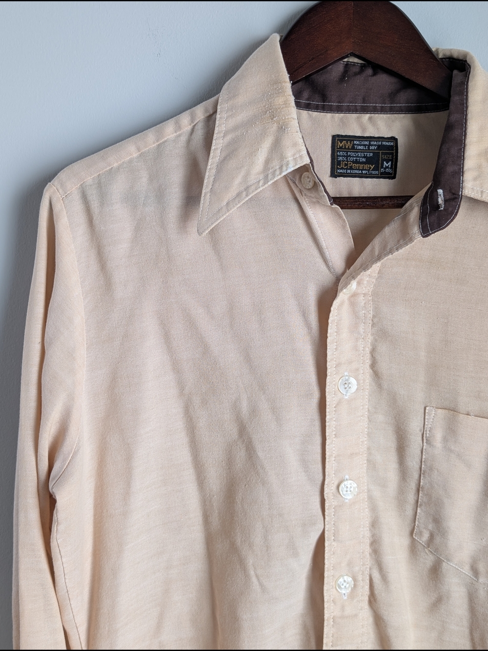VTG 70s JCPenney MW Shirt Mens Medium Tan Butterfly Collar Contrast Disco Boho - Picture 3 of 15